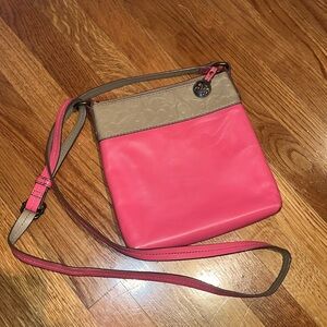 Jim Shore pink and tan crossbody leather purse
